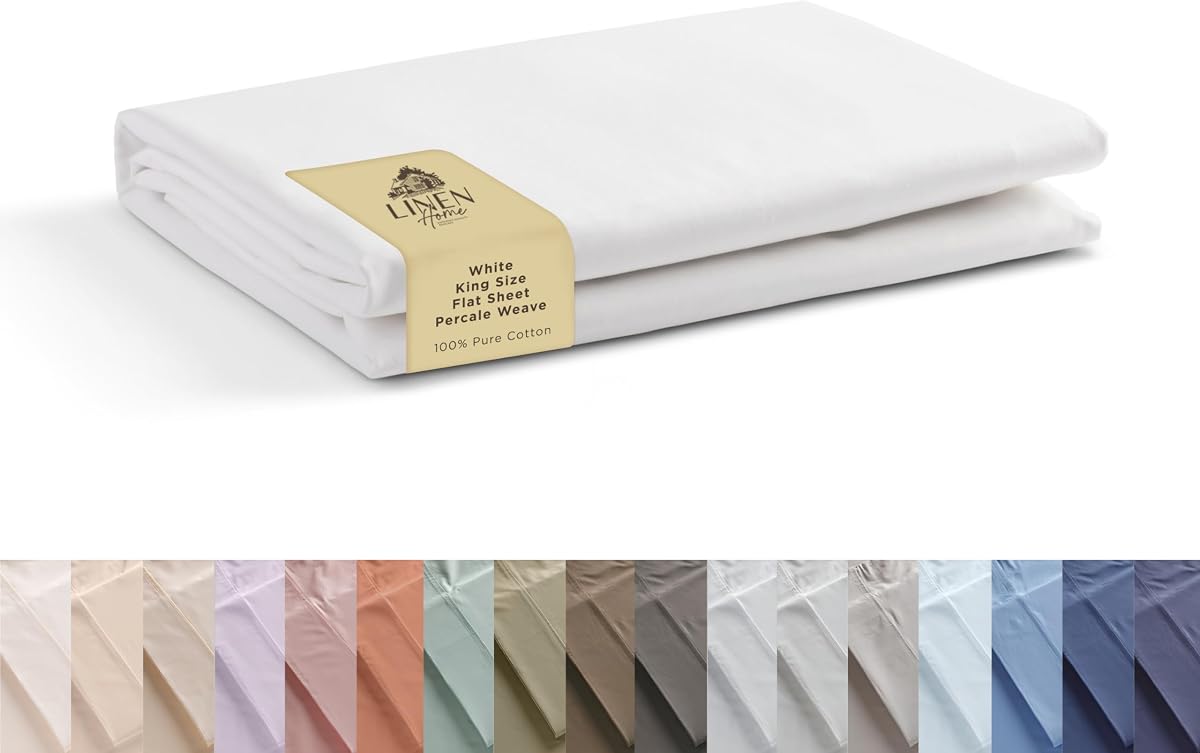 100% Cotton Percale 1 Flat Sheet, King Size - Crisp, Cool and Strong Bed Linen, Luxury Breathable Sheet, White