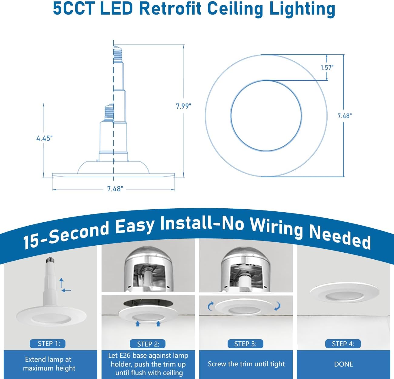 Jolux 6-Pack 5/6" 5CCT Retrofit LED Recessed Lighting,Selectable 2700K-5000K LED Retrofit Ceiling Lighting,12W=60W,800LM,Dimmable Adjustable Retrofit Downlight,E26 Base,Easy Installation,Bevel Trim
