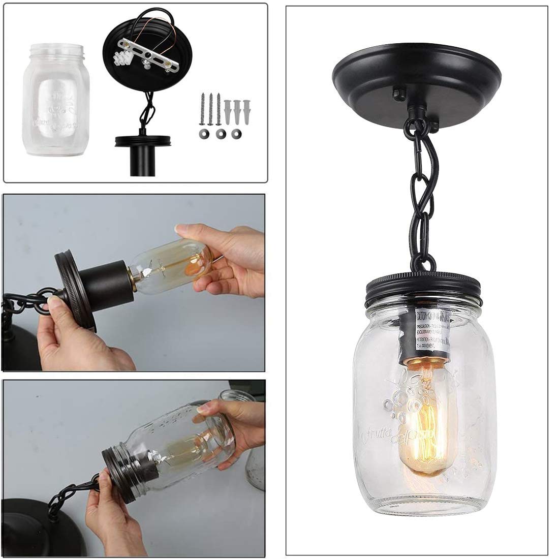 Candelabro de Granja para Accesorios de iluminación de Cocina, Luces de Vidrio, lámpara Colgante de Tarro de albañil para Accesorios de iluminación de Comedor, Acabado de Metal Negro