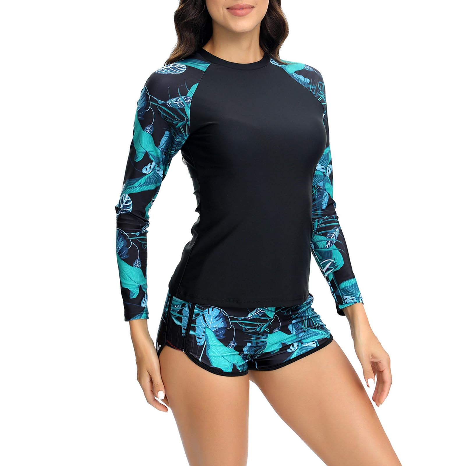 Femmes Maillot de Bain 2 Pieces Rashguard Set Manches Longues Maillots Deux Pièces Femme Tankini Protection Solaire Anti-UV T-Shirt et Shorts de Sport pour Vacances Surf Plage Natation