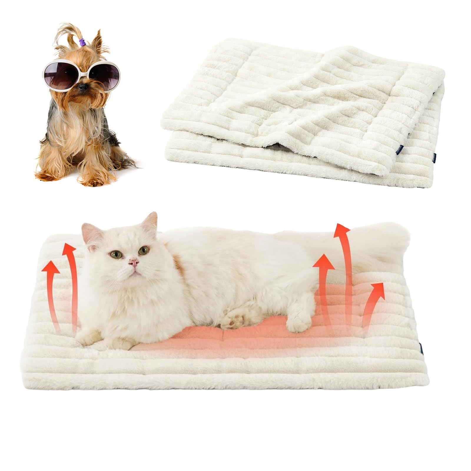 Selbstheizende Thermomatte für Katzen, Selbstheizende Decke für Hunde und Katzen, Kein Stromanschluss Erforderlich, rutschfeste Unterseite, MaschinenwaschbarWhite,89x58cm/35x23in