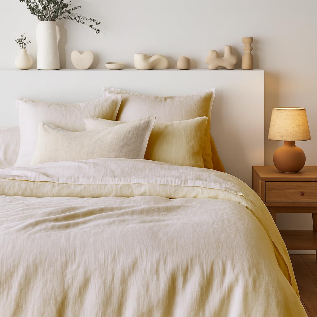 Tendencia Perso – Juego de edredón 100% puro lino prelavado beige – Funda nórdica de 140 x 200 cm + 1 funda de 63 x 63 cm – Ropa de cama de lino natural, suave y transpirable