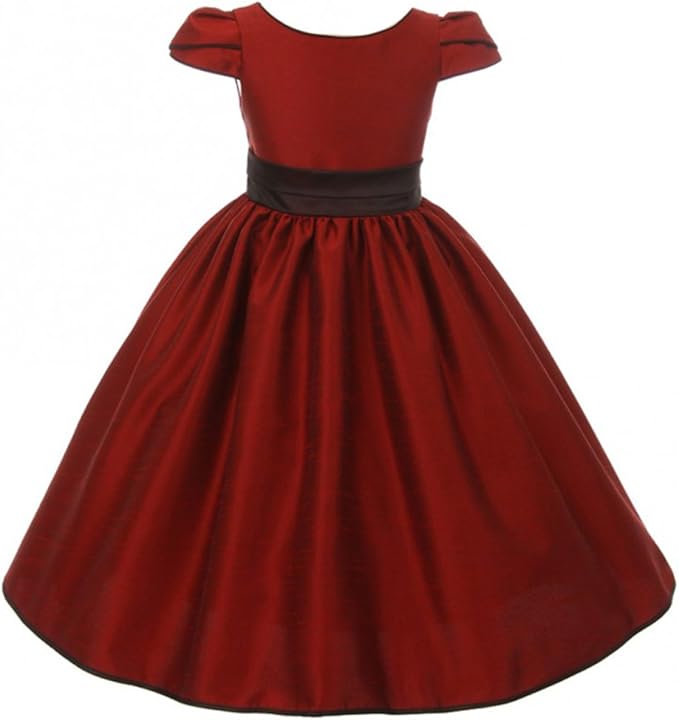 Dreamer P Big Girl Dress Tulip Sleeves Brown Trim Flared Christmas