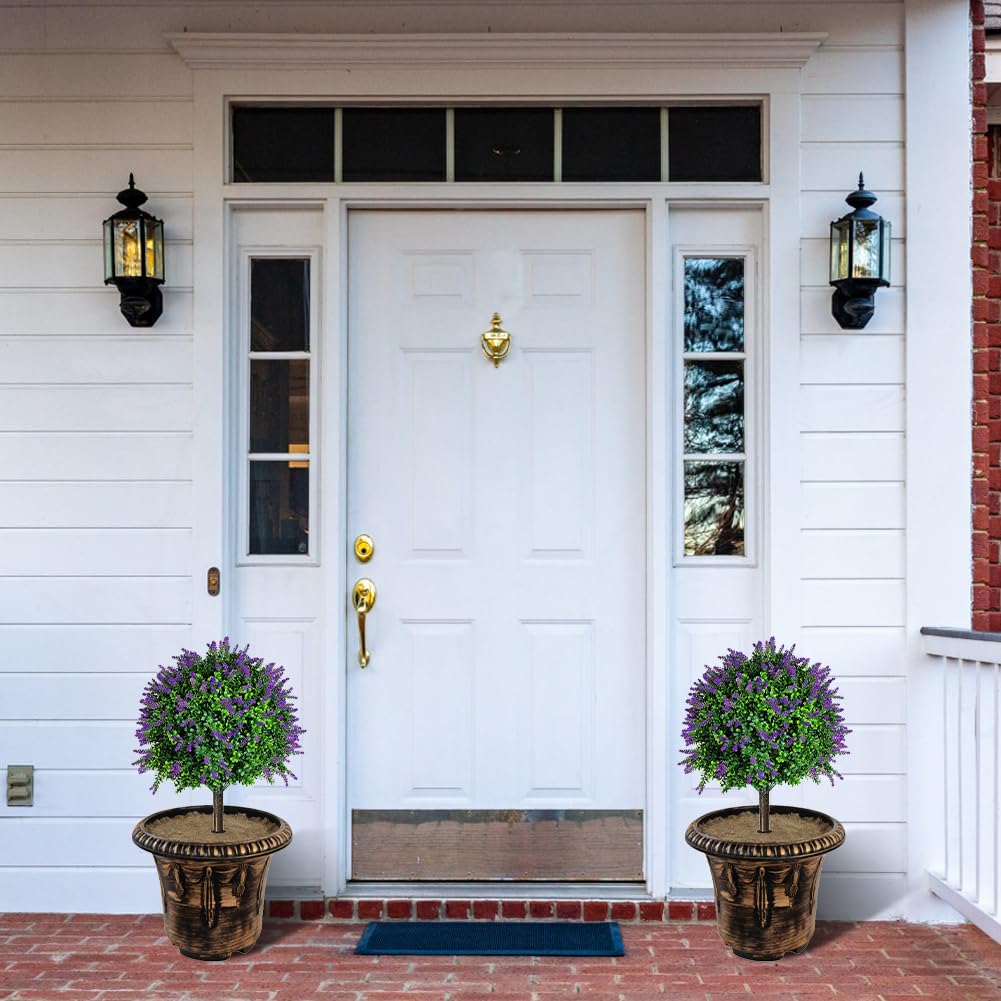 JOYWU Set of 2 Artificial Lavender Topiary Ball Trees for Outdoor with Ground Spike 24