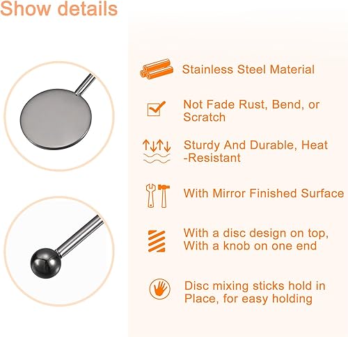 Miniatura 9 de uxcell Agitadores de café, 4 cucharas de barra de acero inoxidable de 7 pulgadas, cuchara de mezcla de cóctel con pequeñas paletas redondas para