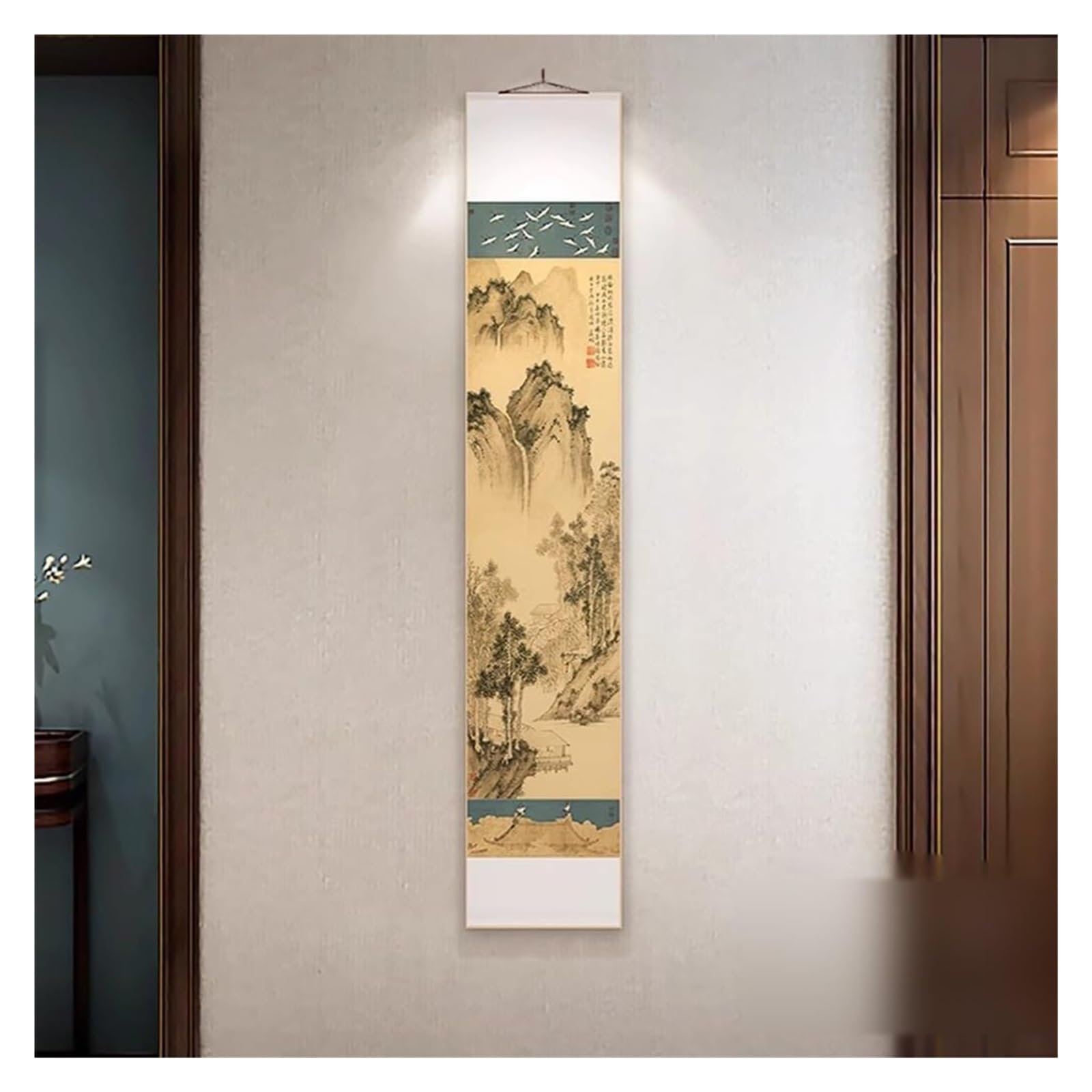 Malowidło w kształcie pawilonu krajobrazowego, chiński tradycyjny pionowy wieszak, dekoracja ścienna w stylu feng shui do przedpokoju, kolekcja prezentów(Creamy White E)
