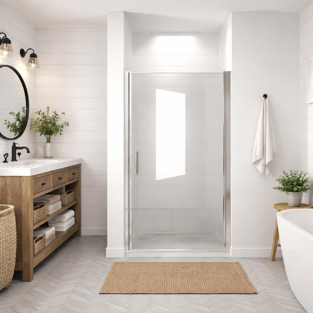 34"x 72" Pivot Shower Door, Brushed Nickel Aluminum Frame, Half Frame,1/4"(6mm) Tempered Glass Explosion Proof Film