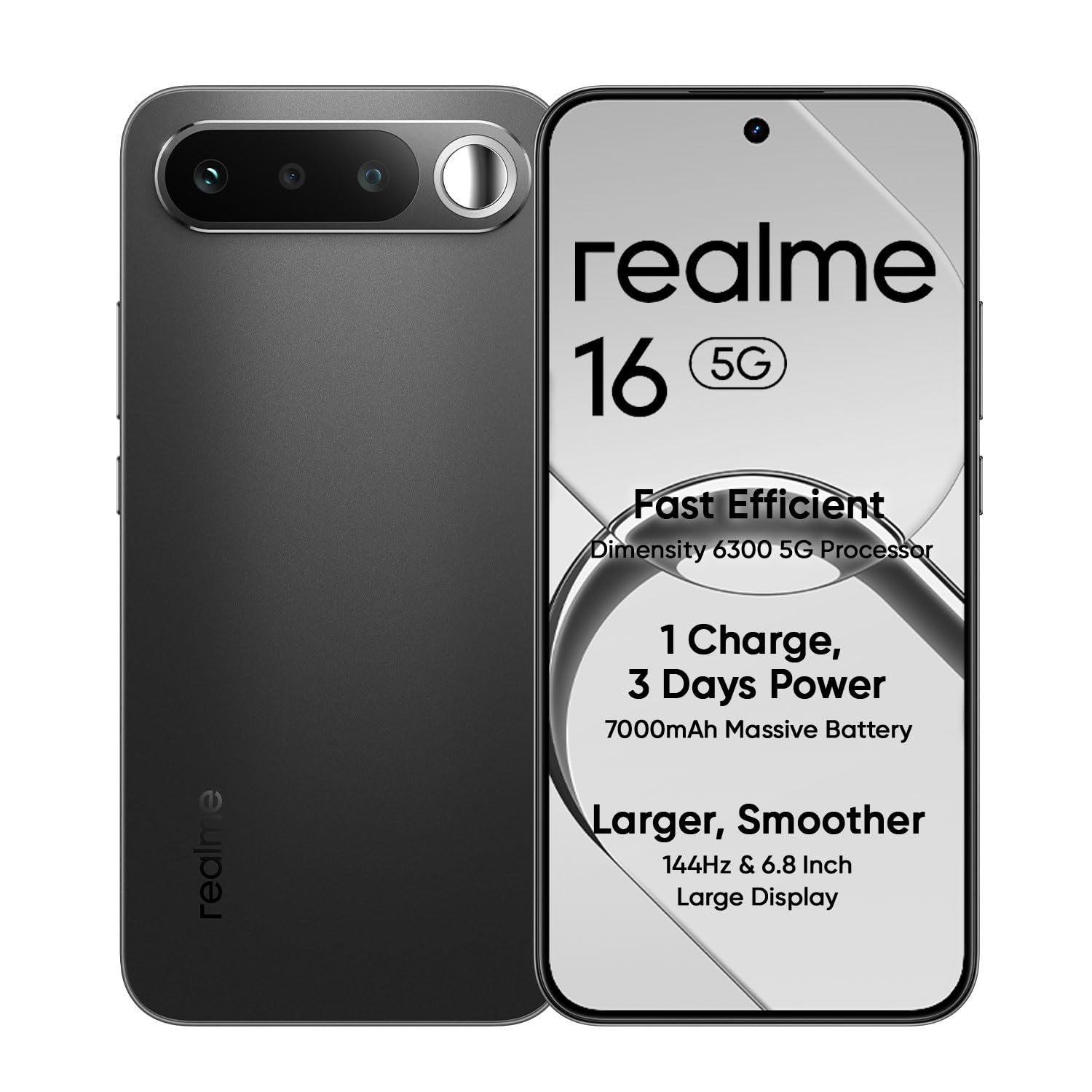 realme 16 5G Smartphone 8+128GB Black, 6.57-inch Screen, 144Hz Display, 7000mAh Battery, 60W Fast Charging, Rear50MP+Front50MP AI Camera, MediaTek Dimensity 6400 Turbo,IP69