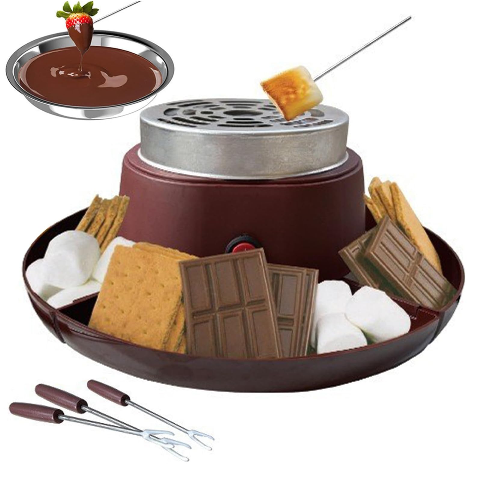 S'Mores Maker & Chocolate Fondue Set 2 en 1 Kit de Tostado con 5 Accesorios, Temperatura Ajustable, Protección contra Sobrecalentamiento, 30 cm de diámetro