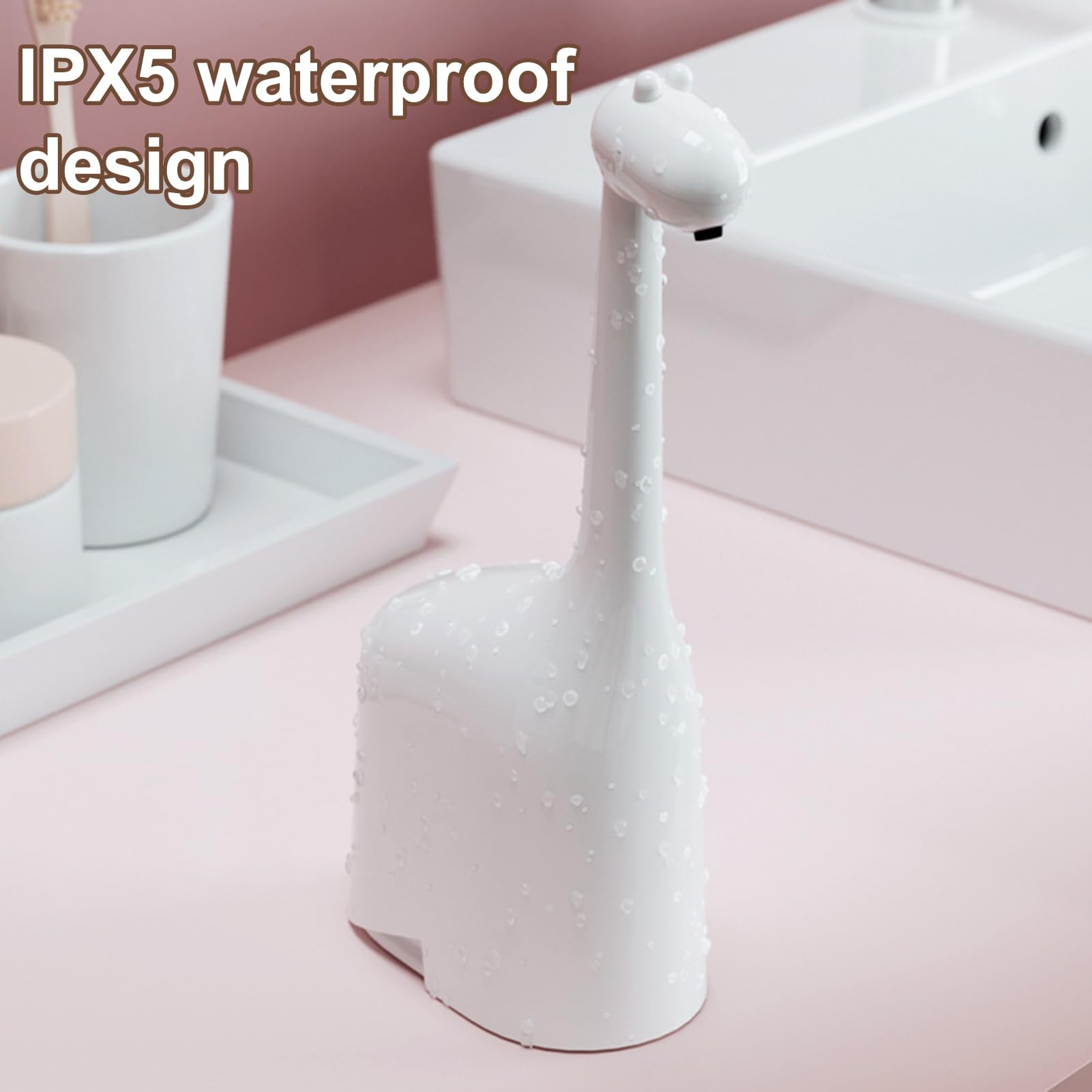 Dispenser automatico di sapone touchless, design carino giraffa con funzione timer, IPX5 impermeabile ricaricabile, pompa per lavaggio a mano per bagno e cucina, bianco
