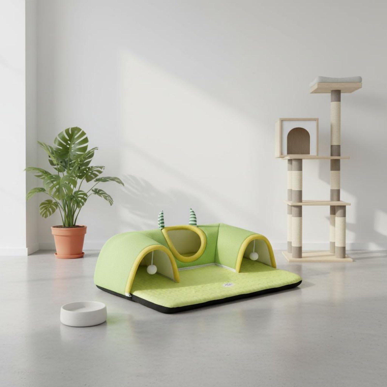 Lit Tunnel pour Chat Lit Tapis Panier Tunnel Monstre 3 en 1 Matelas Respirant Maille Éponge Jouets Suspendus Ouverture Large Base Antidérapante, Bleu, Grands Yeux