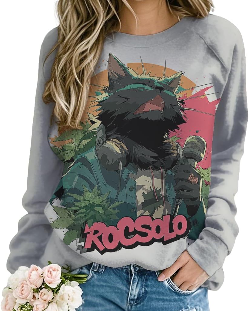 Cute Cat Sweatshirt for Women Long Sleeve Crewneck Pullover Casual Loose Fit Sweatshirts Fall Fashion Graphic Shirts