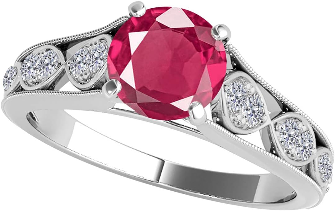 MauliJewels Rings for Women 1.06 Carat Diamond And Created Ruby Ring Prong-Setting 10k White Gold