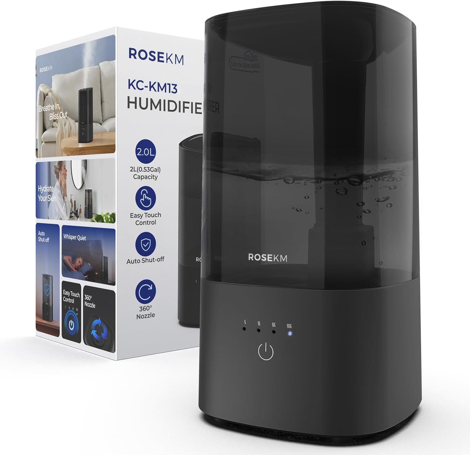 Rosekm Humidifiers for Bedroom, Cool Mist Air Humidifier for Home Plant and Baby Nursery, Quiet Ultrasonic Humidifier with 360° Rotatable Nozzle, Auto Shut-Off, Filterless