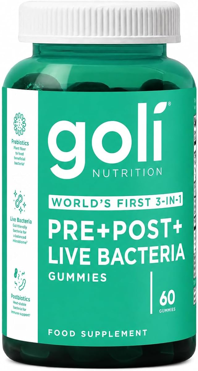 Goli Pre+Post+Live Bacteria Gummies | Digestive Health & Immune Support | World's First 3-in-1 | Gluten-Free, Vegan, Non-GMO, Gelatin-Free | 60 Gummies