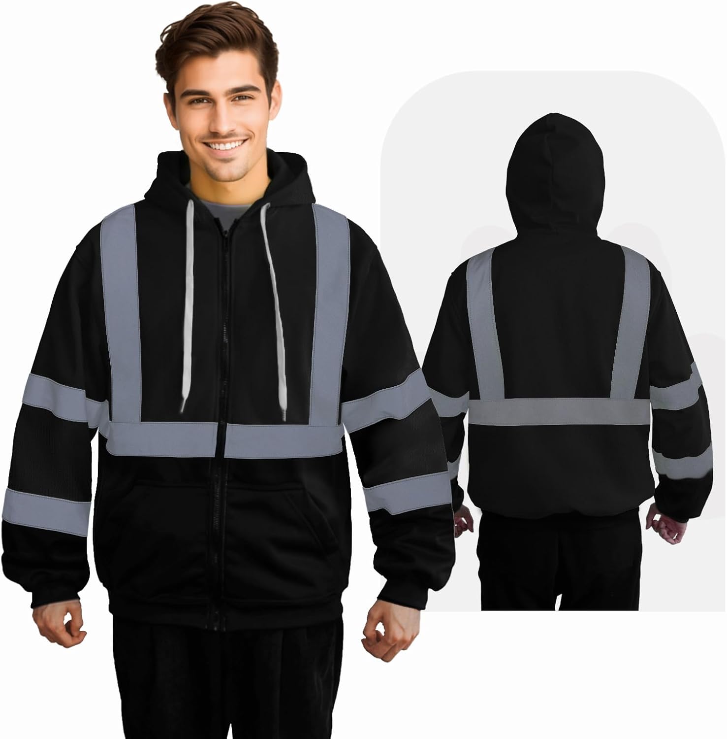 Hi Vis Hoodie for Men Safety Hoodies for Men Reflective with Black Bottom, High Visibility Hoodie for Men with Construction Worker, Meets ANSI, Black-LLWY-XL - Image 3