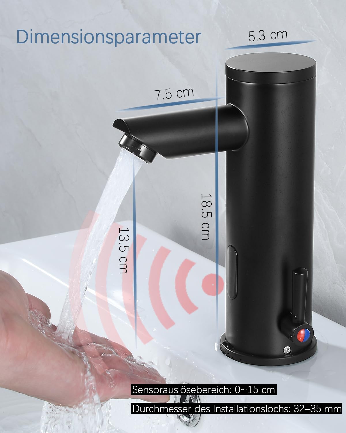 Rubinetto da bagno con sensore, nero opaco, miscelatore automatico a infrarossi, senza contatto, per bagno lavandino
