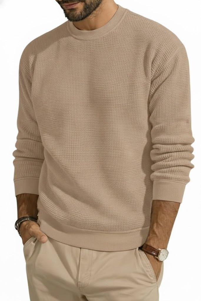 Men's Classic Textured Crewneck Henley Alternative - Lightweight Waffle Knit Long Sleeve Pullover - Smart-Casual Honeycomb Fashion Tee - All-Season Comfortablet - Size Large (L)