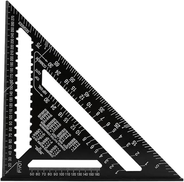 Haofy 12 Inches Triangle Square Ruler, Aluminum Alloy Metric and Imperial Ruler, Professional Carpenter Angle Protractor, Roofing Rafter Square Quick Measuring Tool for Framing Roofing Building, Black