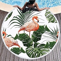 Round Beach Towel With Flamingo Pattern - 59 Inch Diameter, Super Soft & Water Absorbent, Tassel Trim