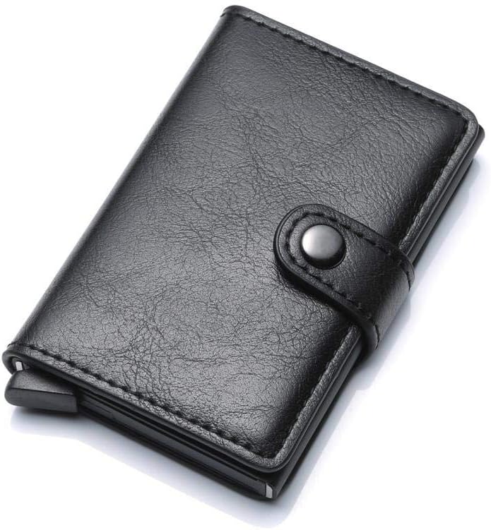Puedo Credit Card Holder RFID Blocking Wallet Card Bag Slim Wallet Genuine Leather Vintage Aluminum Business Card Holder Automatic Pop-up Card (Black)