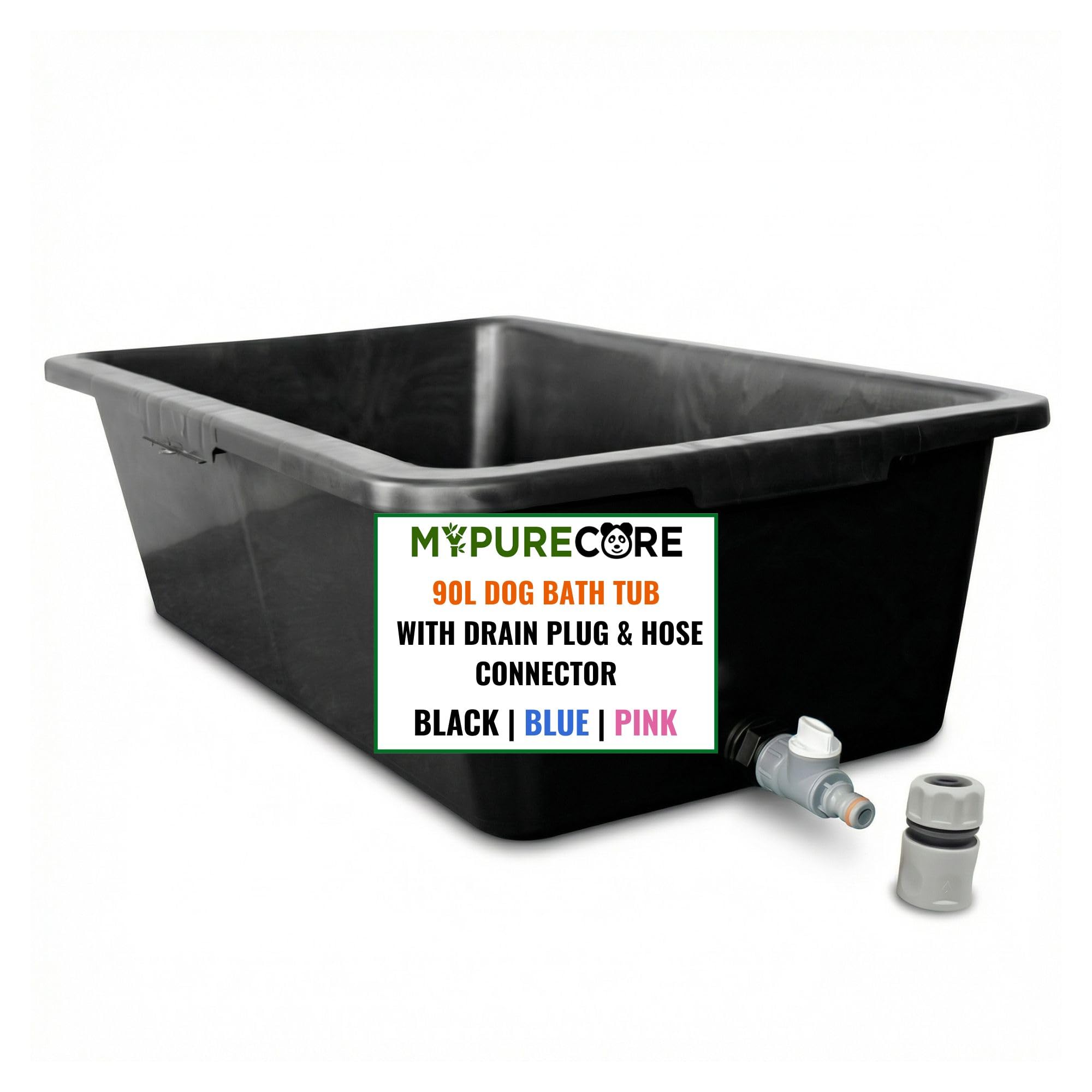 MYPURECORE 90L Dog Bath Tub – Pet Bath Pool with Drain Plug & Hose Connector – Durable Plastic Dog Washing Tub for Indoor & Outdoor Use (BLACK)