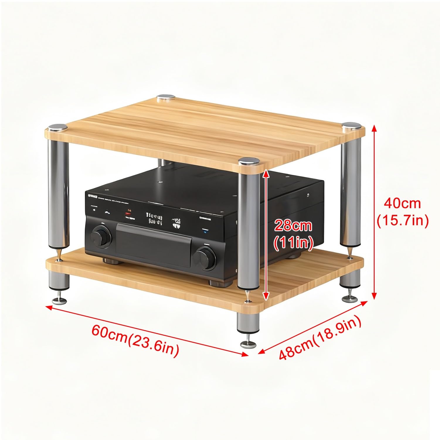Szafka na sprzęt audio HiFi z amortyzującymi nóżkami, drewnianą półką na gramofon, wzmacniacze, głośniki i nośniki danych (biała, 2 poziomy, wysokość 40 cm) (biała, 2 poziomy)