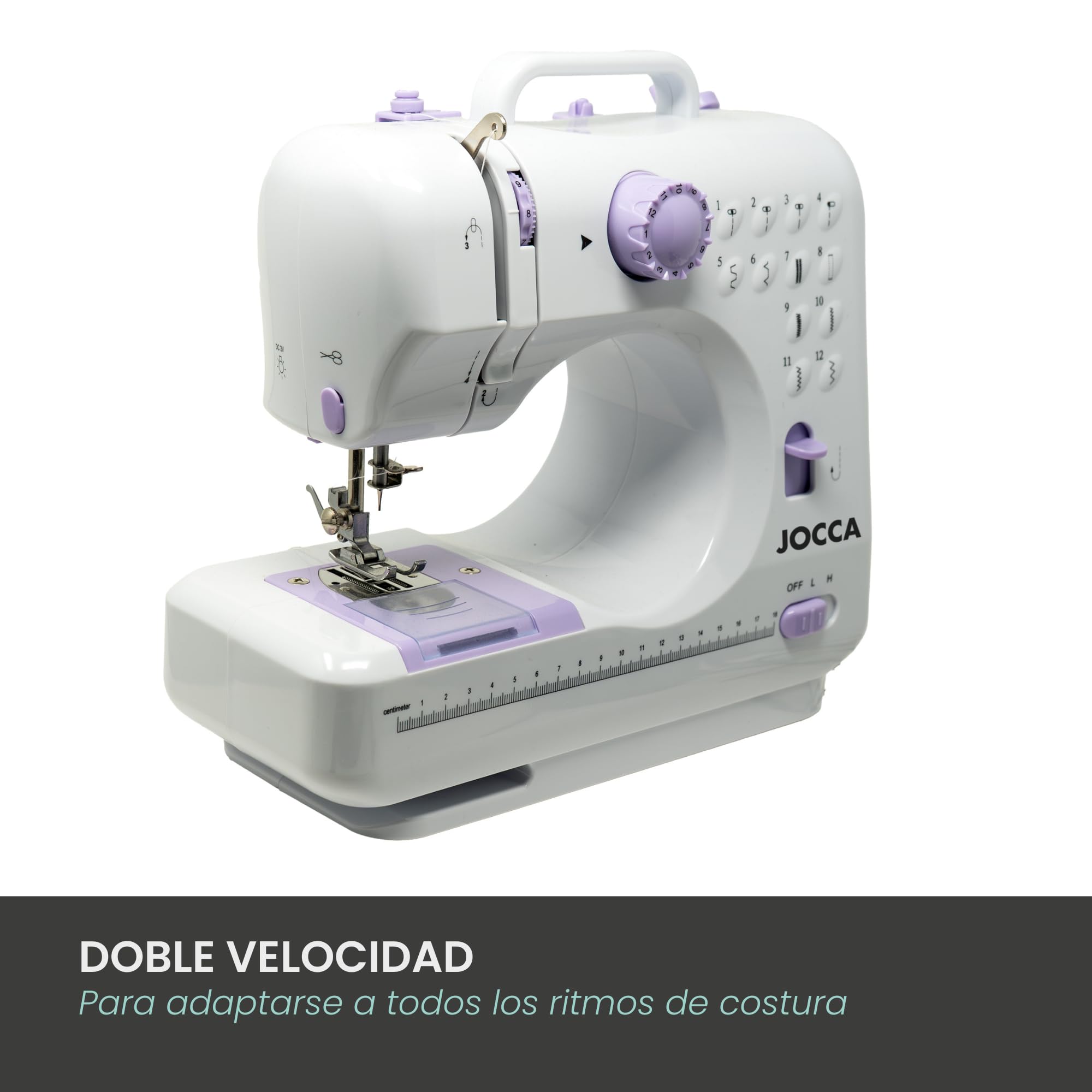 Jocca Macchina da cucire portatile con 12 punti, braccio libero, doppia velocità, luce LED, occhiello in 4 fasi, accessori inclusi e utilizzo con cavo o batterie