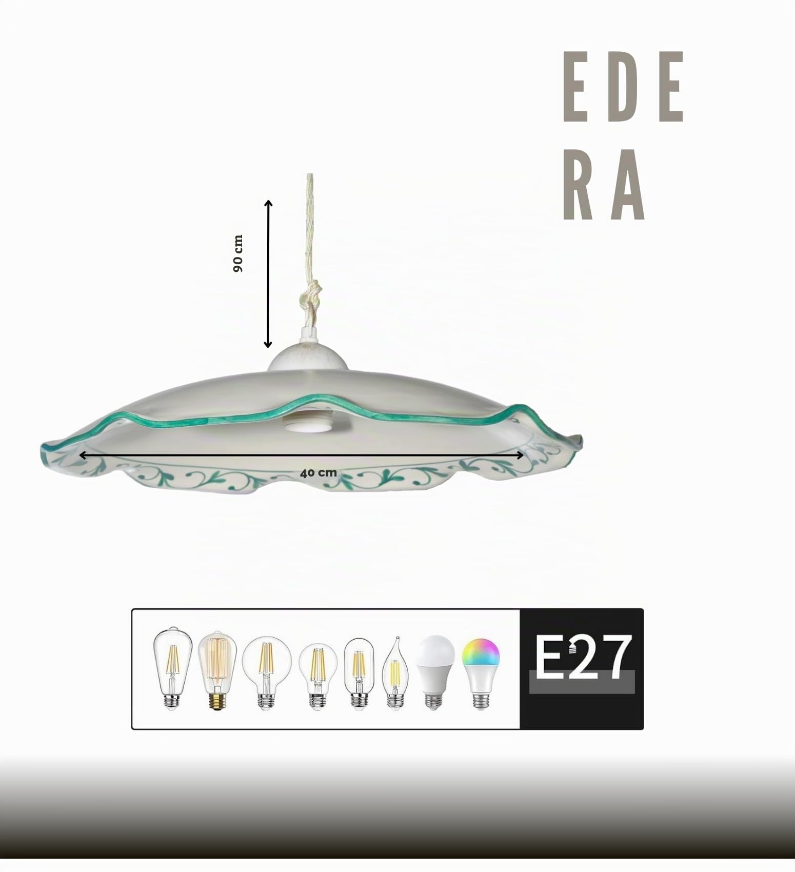 VANNI LAMPADARI - Sospensione Edera in Ceramica - Lampadario Decorato a Mano per Camera da Letto, Soggiorno, Cucina, Bagno - Made in Italy - 40 cm - Verde