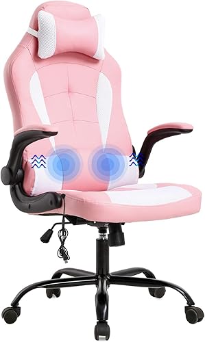 Silla de escritorio ergonómica para videojuegos, de piel sintética, con reposacabezas y reposabrazos, Cuero falso, Rosado