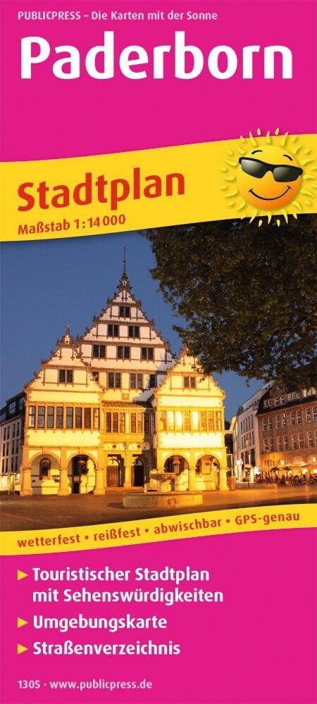 Paderborn: Touristischer Stadtplan mit Sehenswürdigkeiten und Straßenverzeichnis.