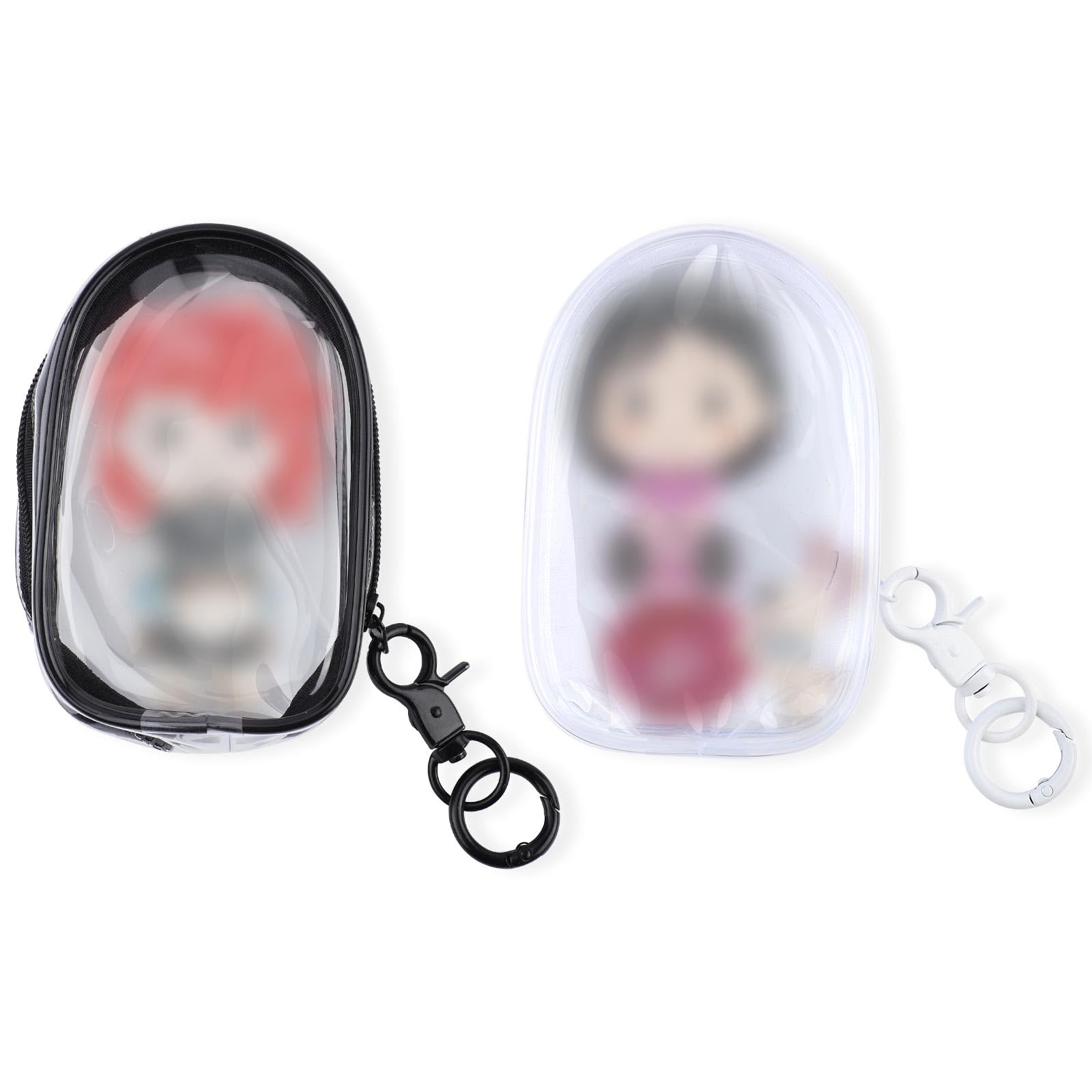 2pcs Clear Figure Display Bag with Keychain, Zipper Mini Doll Pouch Hanging Blind Box Display Case Small Clear Pouch for Mini Figure Storage Collectibles Organizer