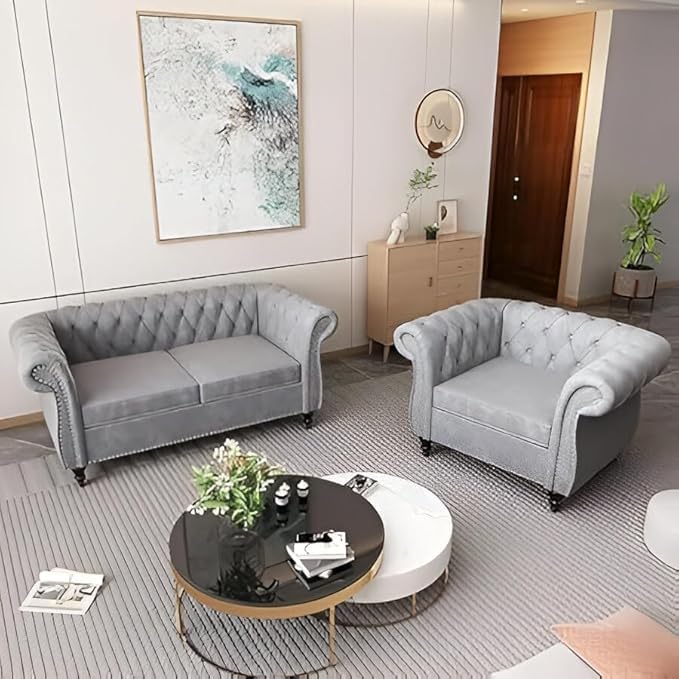 Image of Solid Wood Velvet Fabric L Shape Sofa Sofa for Living Room Button Tufted Sofa Chair for Home & Office (Left Aligned L-Shaped (Grey)