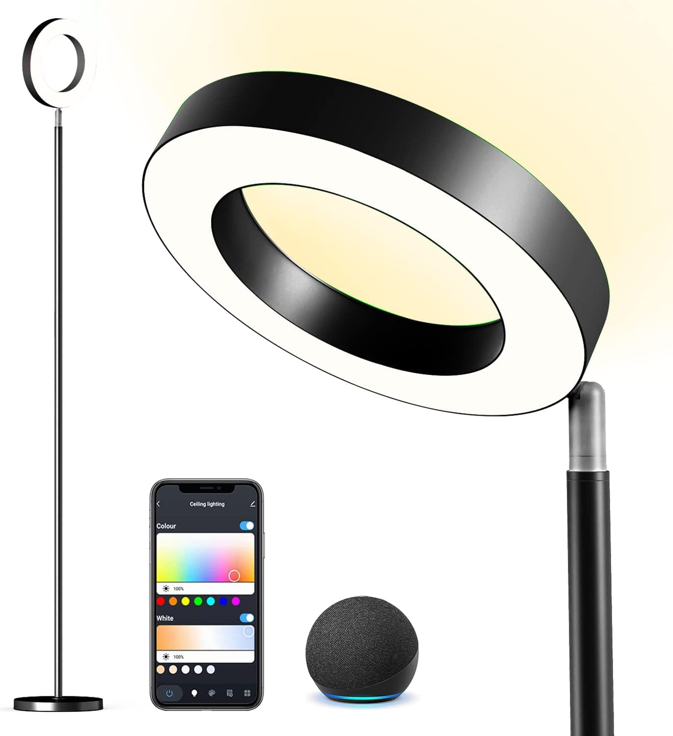 Pie de salón SMART, WI-FI + sensor táctil + APP control, dimable 3000K- 6000K + RGB 42W NEGRO, orientable y giratorio. Luz directa e indirecta. Inteligente, Alexa, Google.
