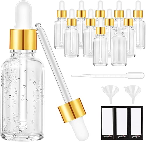 PrettyCare Botellas de cristal con cuentagotas de 2 onzas líquidas, 12 botellas transparentes vacías gruesas a granel con tapas doradas a prueba de