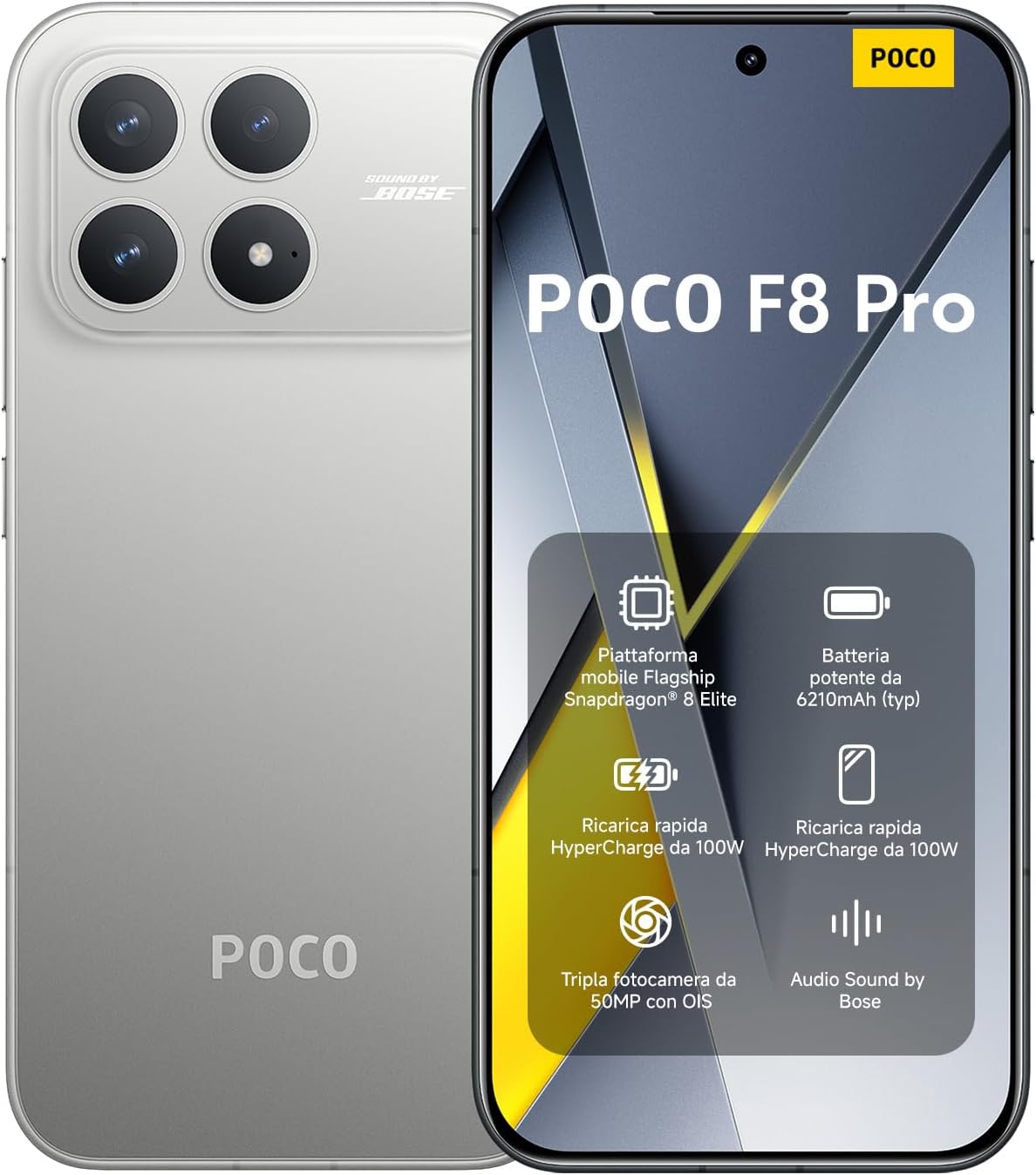 Xiaomi POCO F8 Pro, Smartphone 12+512 GB, Display AMOLED 6.59″ 120Hz, Tripla Fotocamera 50MP Teleobiettivo 60 mm, Audio Sound by Bose, Batteria 6210mAh, Titanio, Garanzia 2 anni, Caricatore Escluso