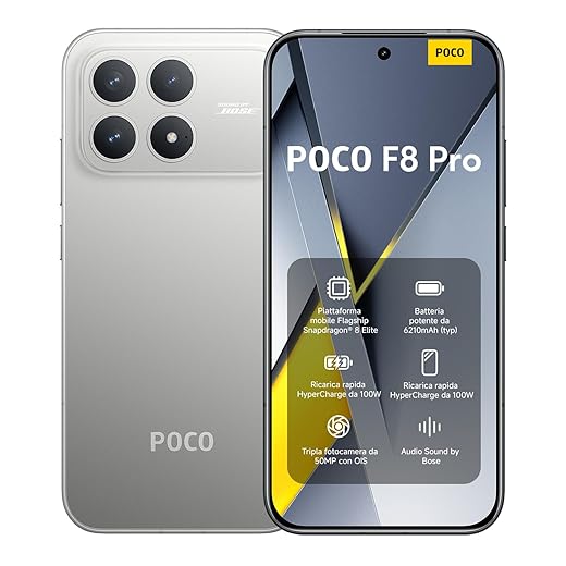 Xiaomi POCO F8 Pro, Smartphone 12+512 GB, Display AMOLED 6,59" 120Hz, Tripla Fotocamera 50MP Teleobiettivo 60mm, Audio Sound by Bose, Batteria 6210mAh, Titanium, Garanzia 2 anni, Caricatore escluso