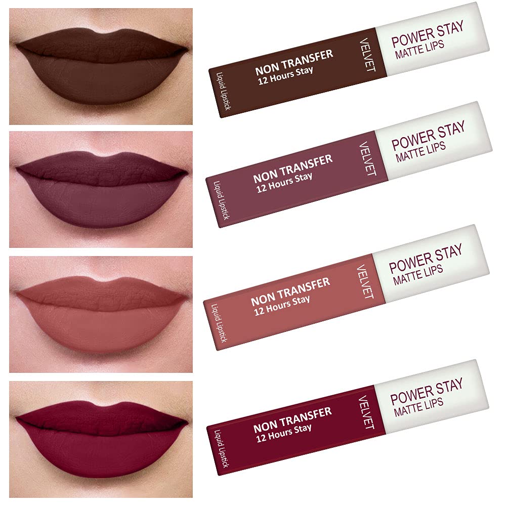 PERPAA® Power Stay Liquid Matte Lipstick - Waterproof Combo of 4 (Upto12 Hrs Stay) (Bon Bon Brown ,Timeless Mauve ,Visionary Nude ,Cherry Red, Pack of 4)