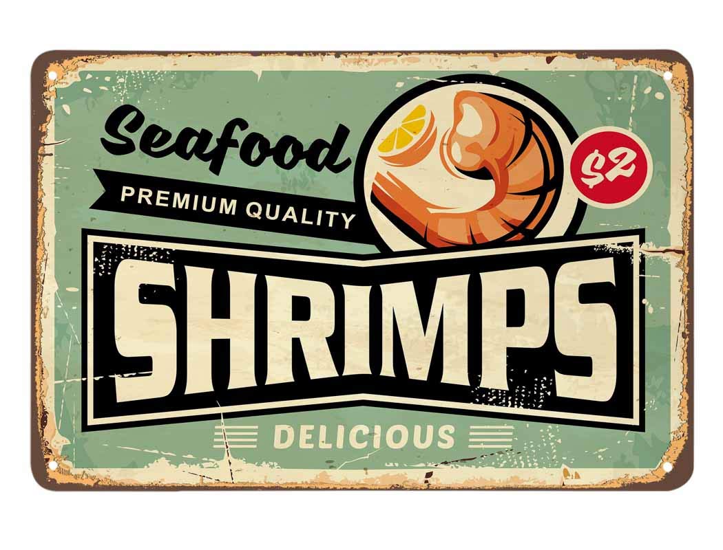 SMAZDFXX Shrimps Tin Sign,Seafood Delicious Orange Fruit Plate Restaurant DeliciousTasty Vintage Metal Tin Signs for Cafes Bars Pubs Shop Wall Decorative Funny Retro Signs 8"x12"