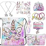 RLGPBON Unicorn Gifts for Girls 9 Pack Drawstring Backpack/Makeup Bag/Unicorn Pendant Necklace/Bracelet/Hair Ties (5PCS)
