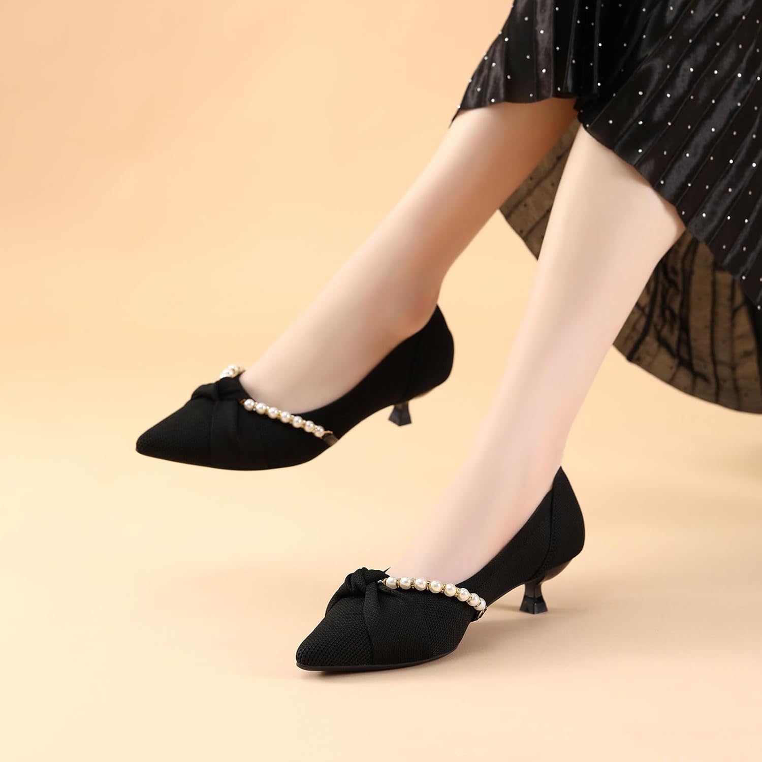 HROYL Women's Knit Pumps Kitten Heel Pointed Toe Comfortable Party Work Bow Dress Shoes - Image 6