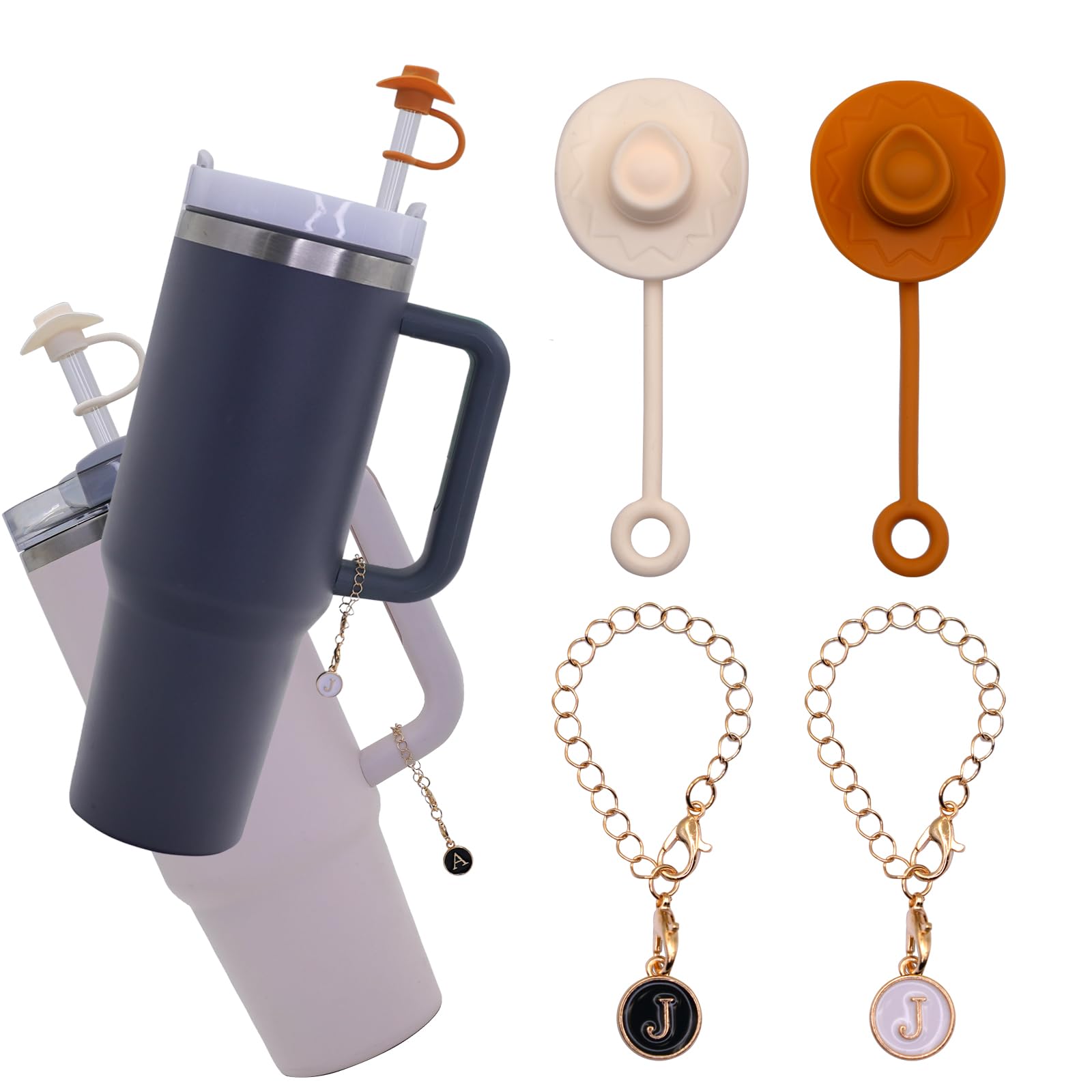 Straw Cover Topper Cap for Stanley Cup 30&40 Oz, Cute Silicone Cowboy Hat with Simple Modern Letter Charms Handle Accessories, 4 Pack for Tumbler 10mm Straw Covers(CowboyJ)