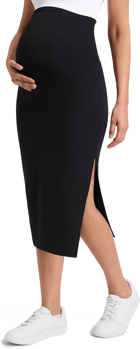 CRZ YOGA Maternity Side Split Midi Skirts | Butterluxe, Lineless, Extremely Soft, Casual, Super High Waisted, Pregnancy and Postpartum