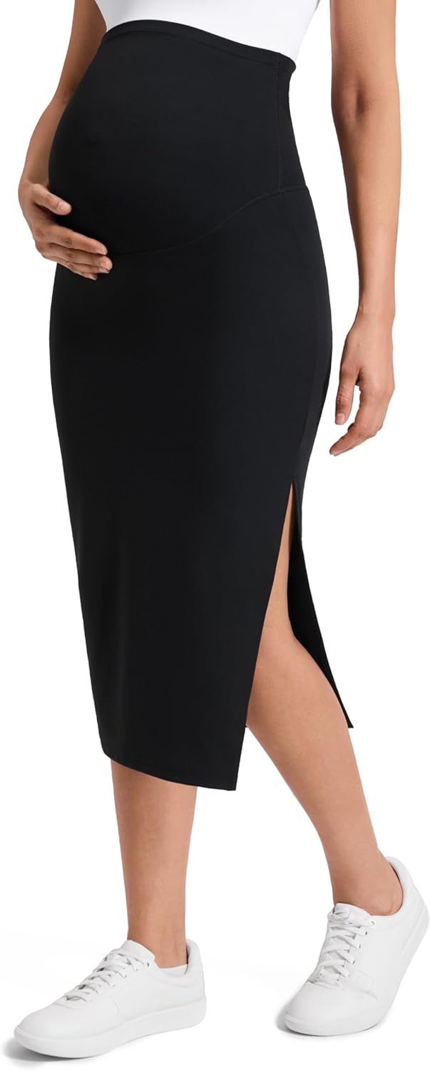 CRZ YOGA Butterluxe Maternity Side Split Midi Skirt – Bodycon Womens Pregnancy Casual Pencil Over The Belly Stretchy Soft