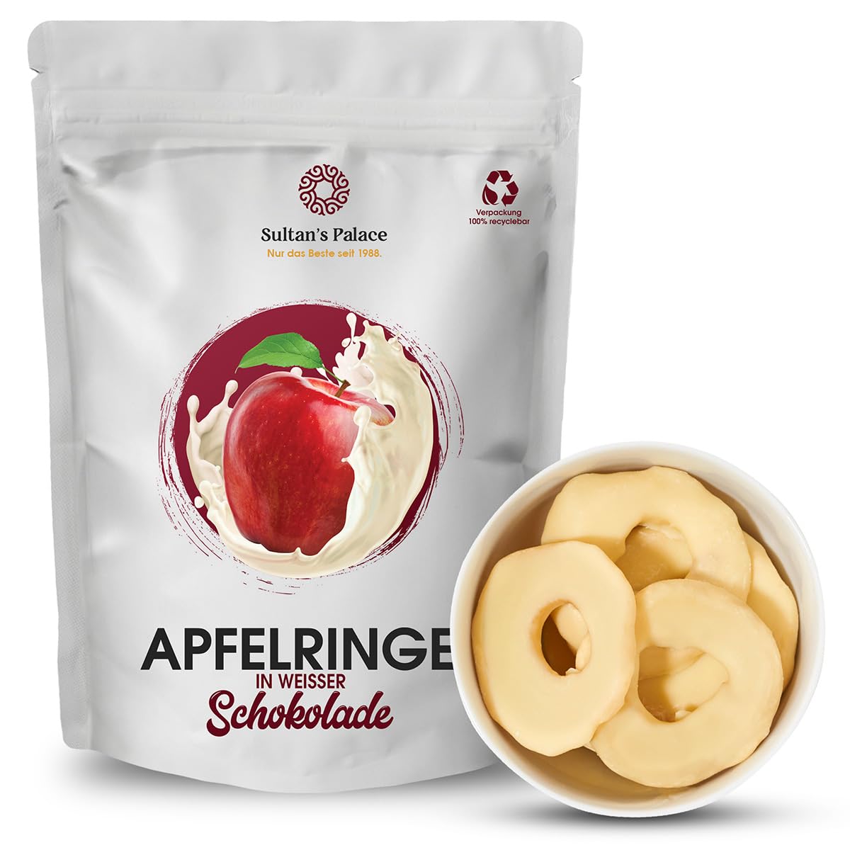 Sultan’s Palace Apfelringe in edler Weißer Schokolade - 200g – Schoko Früchte - Premium Qualität - Geschenkidee – Zartschmelzende Schokolade