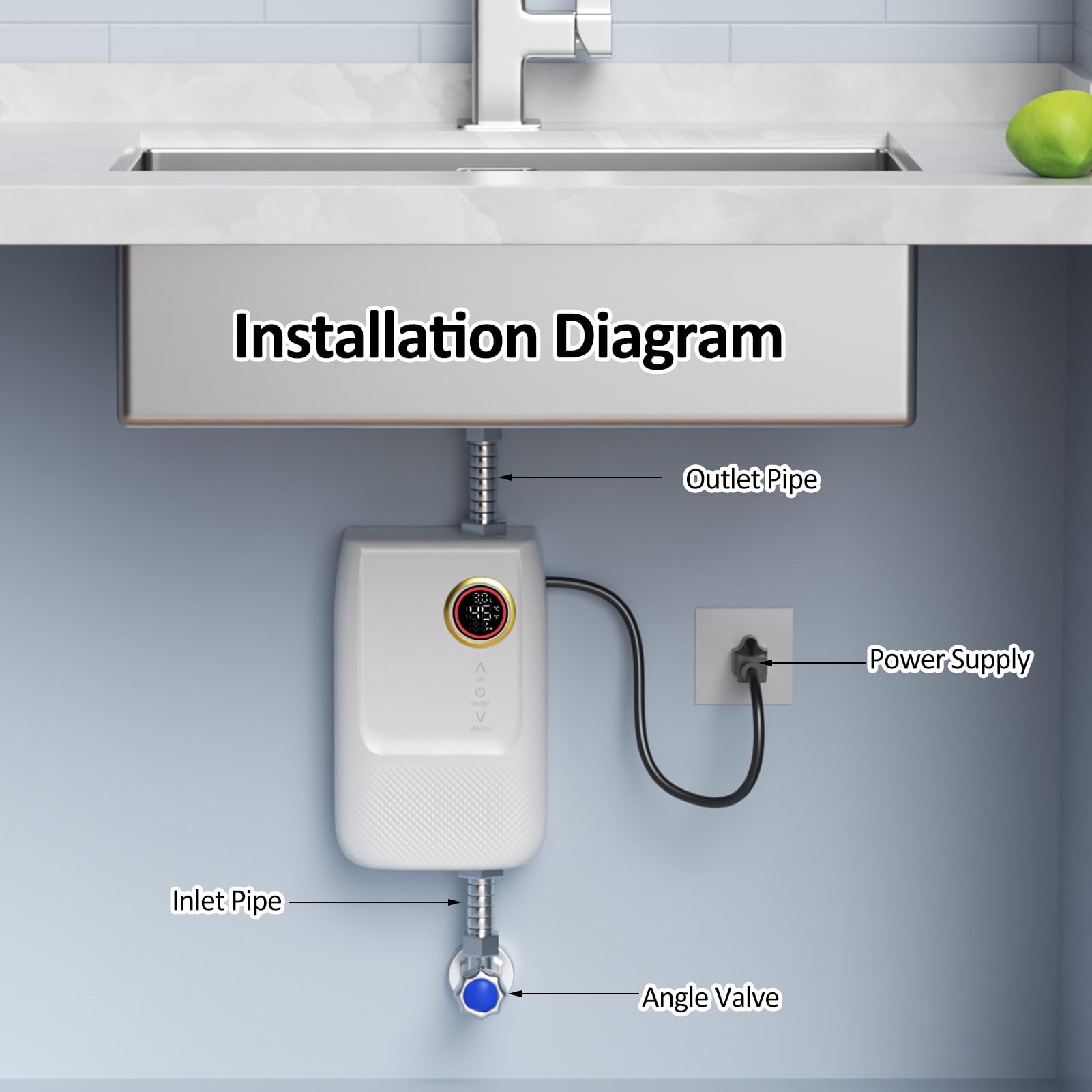 Weytoll Mini Calentador de Agua Instantáneo Eléctrico 220 V 5500 W, Calentador de Agua Eléctrico Universal con Pantalla Digital, Sin Tanque, para Baño, Cocina, Lavado