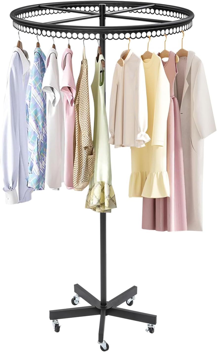 Rotatable Round Garment Rack with Wheels, Height Adjustable Floor Standing Metal Clothing Rack, Commercial Clothes Display Stand for Retail Boutiques Laundry Room (Black)