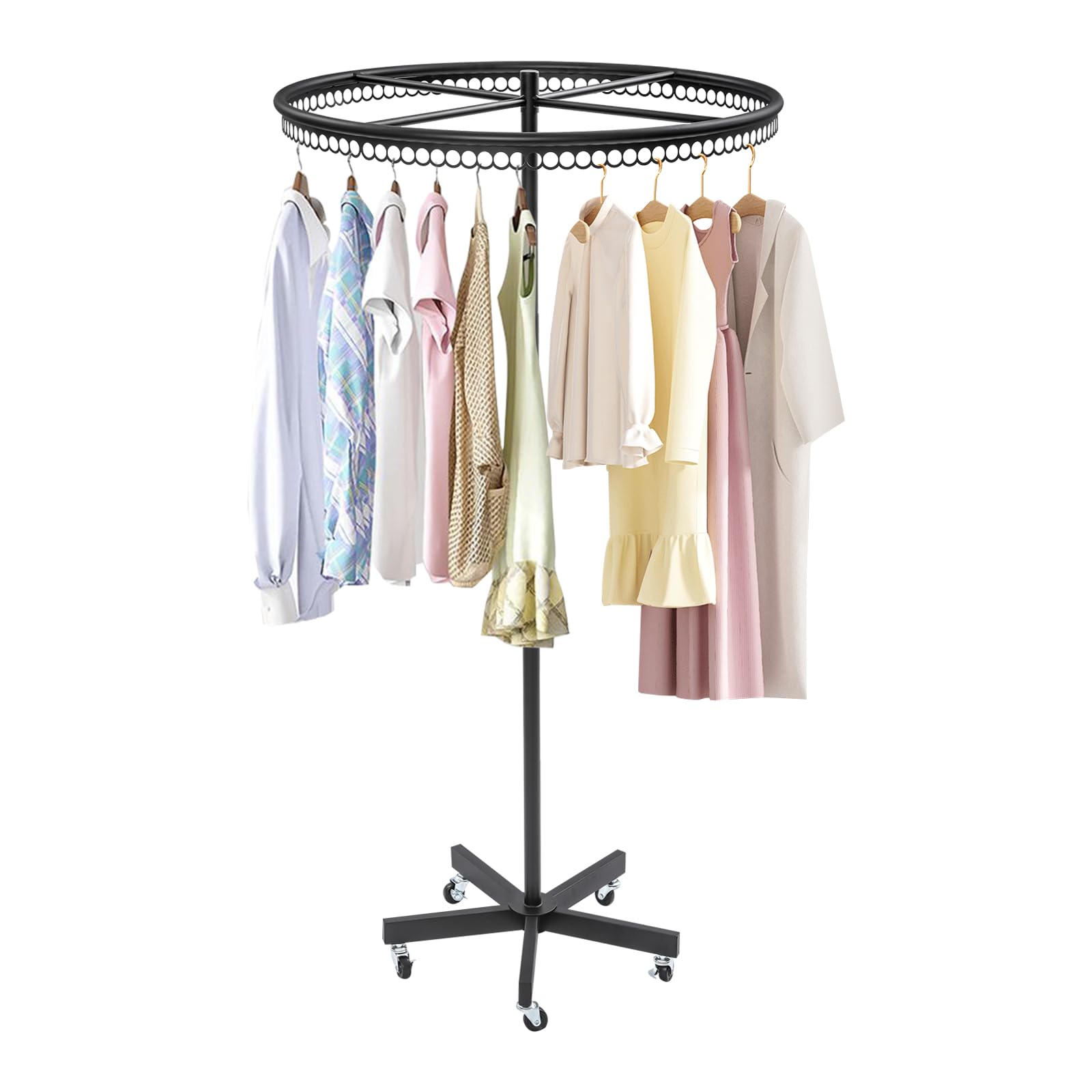 JKJZSALJ Adjustable Rotating Garment Rack With Wheels-Metal Clothing Display Stand For Retail Boutiques & Laundry Room-Height Adjustable,Floor Standing,Black