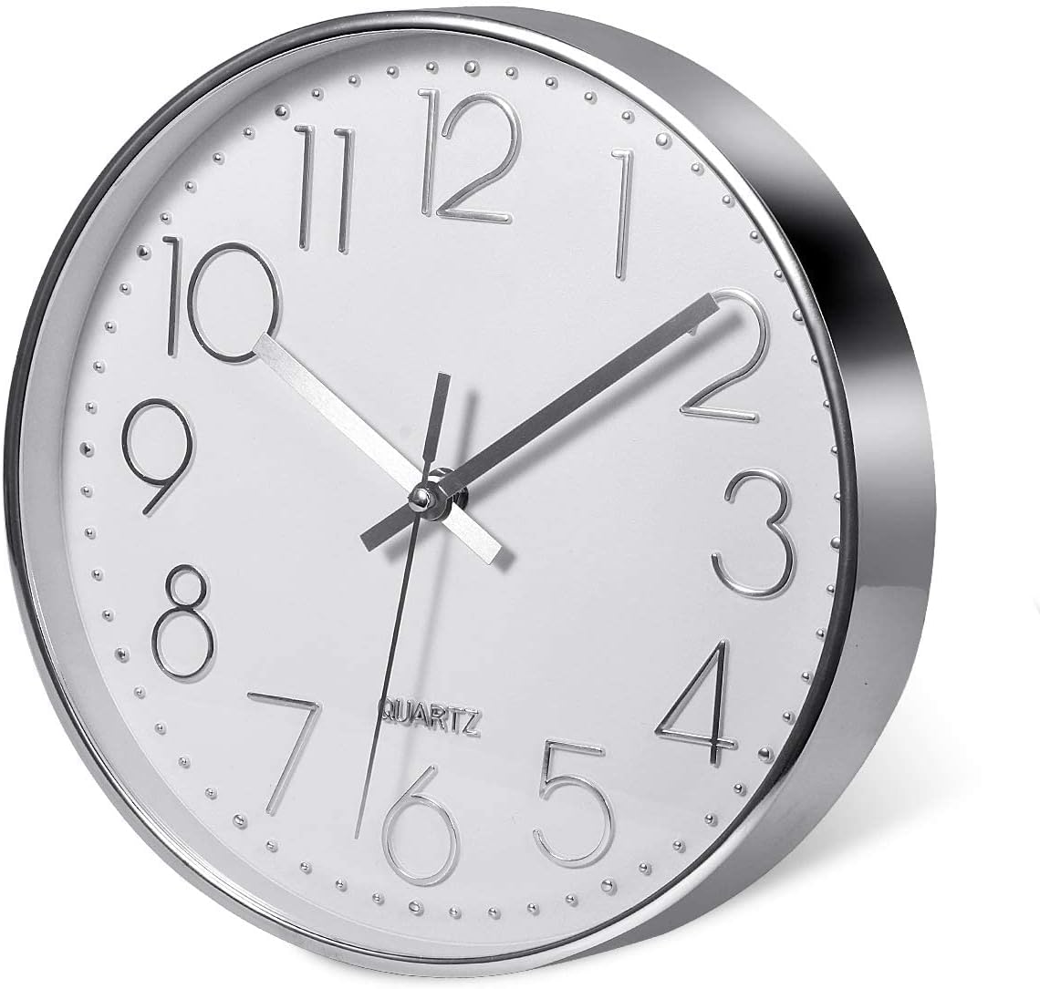 Delgeo Modern Silent Wall Clock 25-30cm, Minimalist Silver Clock for Living Room & Kitchen,Premium Wall Decor for Home Office