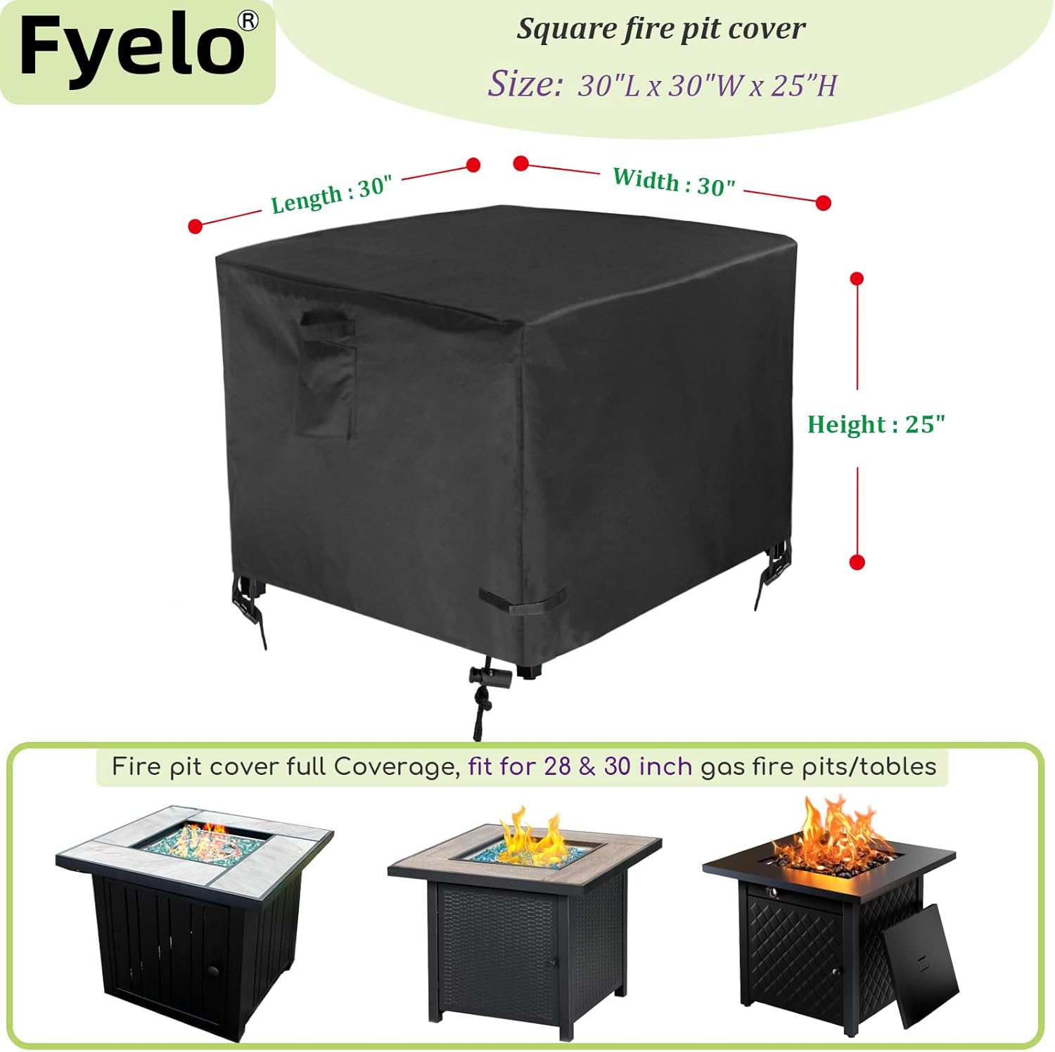 30 Inch Gas Fire Pit Cover for 28-30 Inch Square Fire Pit Tables, Heavy Duty 600D Waterproof & Windproof 30 x 30 x 25 Inches Patio Firepit Cover, Black